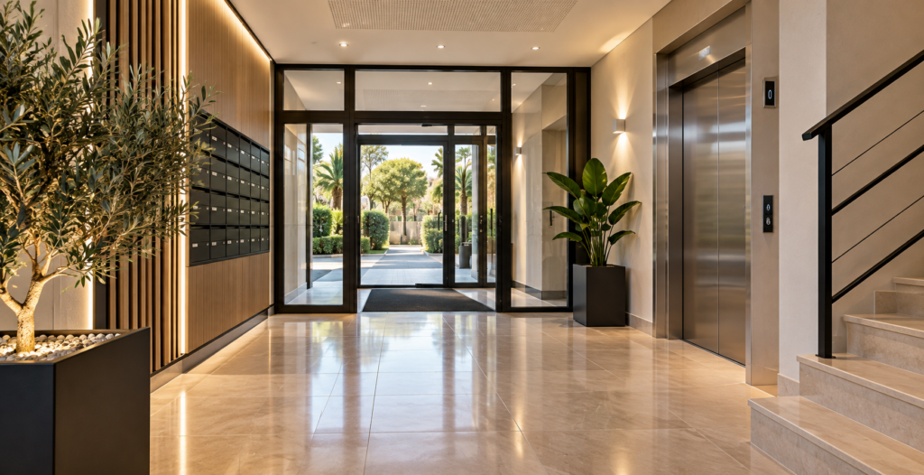 Hall de résidence entretenu par Monarque Services, entreprise de nettoyage à Fréjus